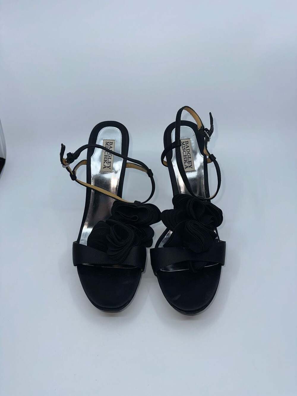 Badgley Mischka Black Ruffle Floral Embellished Platform Slingbacks